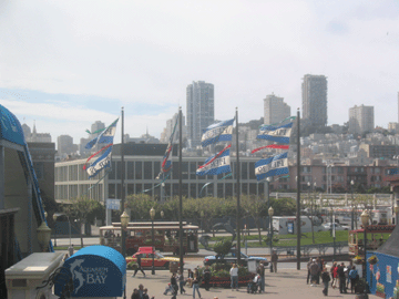 Flags at the entrance to Pier 39
