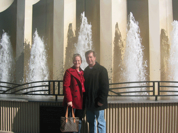 In front of a fountain on The Strip