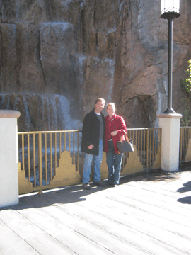 In front of a waterfall on The Strip